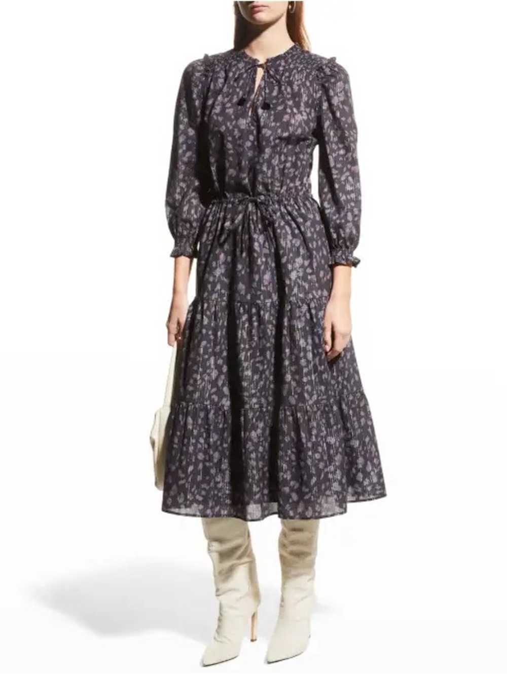 Paige Kaylynn Cotton Print Tiered Midi Dress in Charcoal Small
